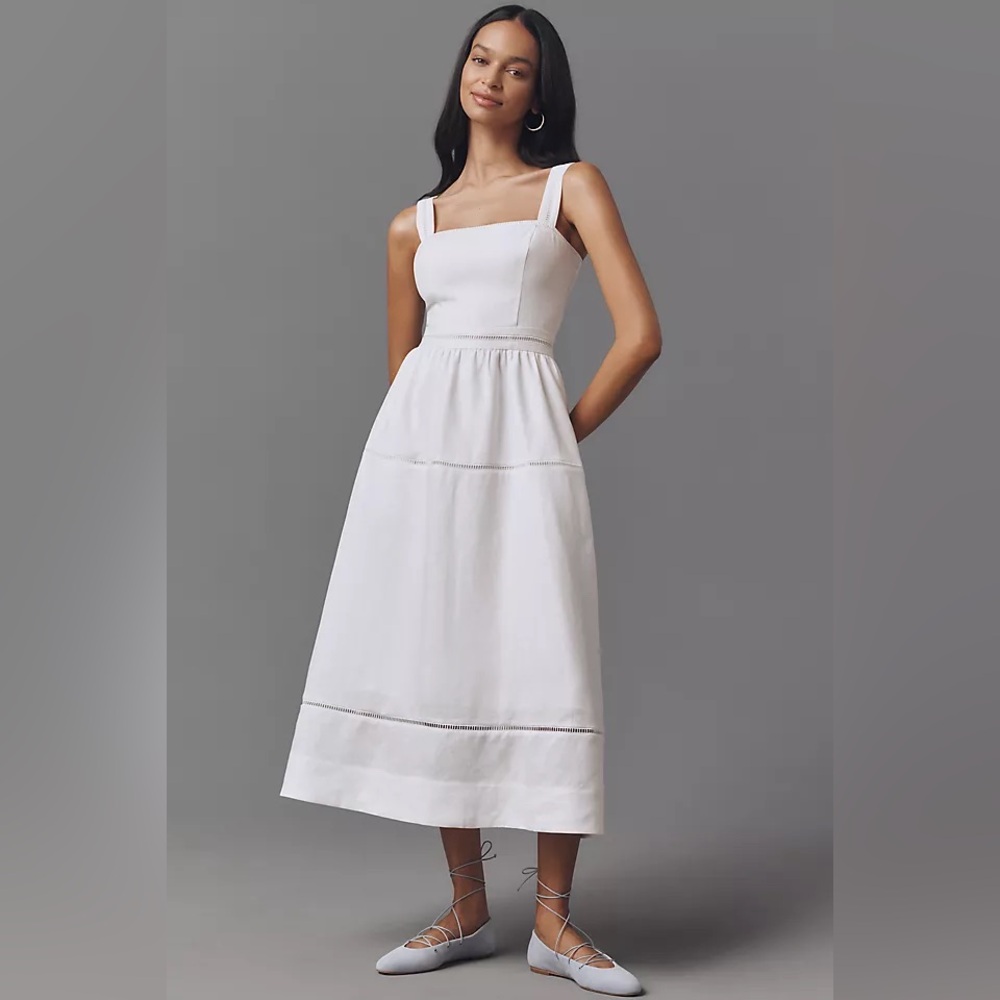 Reformation 2 Everett White Linen Midi Dress Tiered